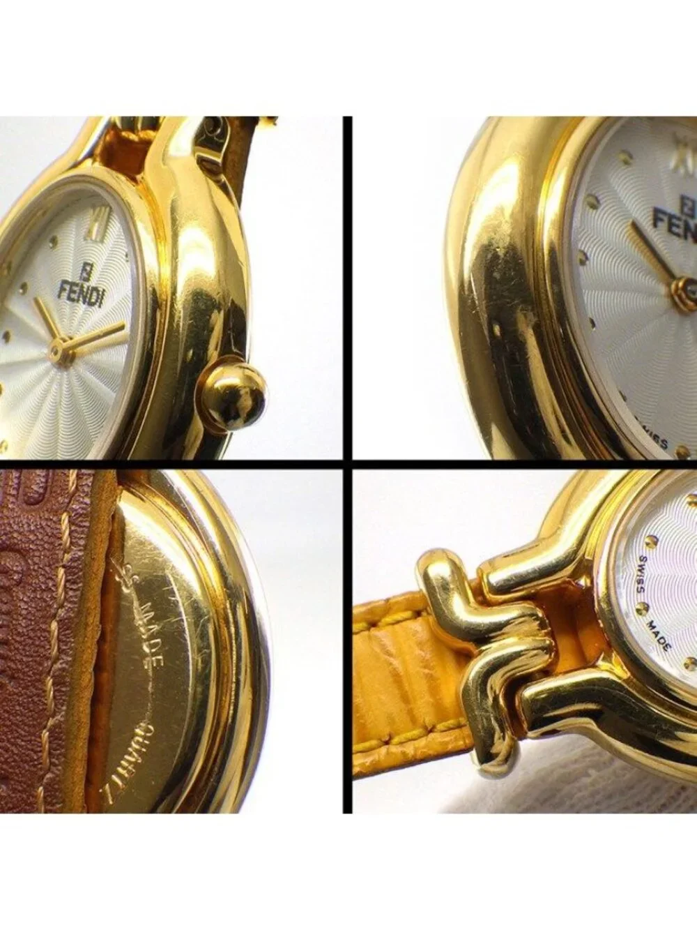 Fendi Watch Chameleon Change Oval Silver Guilloche Dial Yellow Calf Leather